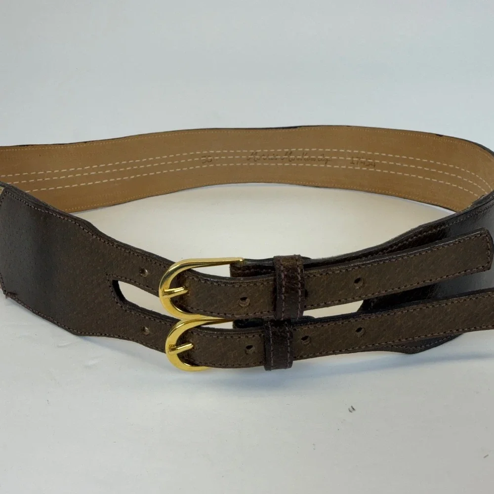 Morris Moskowitz Leather Double Buckle Belt Women's Size 30‎ Gold Tone Hardware